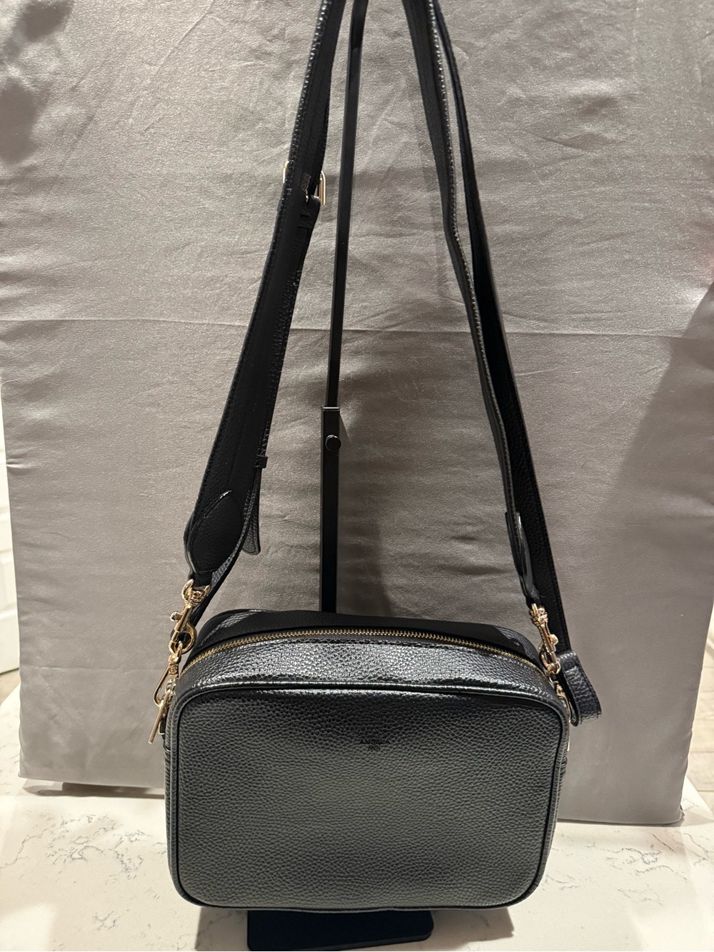 Angela Roi Black Pebbled Leather Crossbody with Gold Hardware